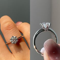 a woman's hand holding an engagement ring with a diamond on it and another photo of the same wedding ring