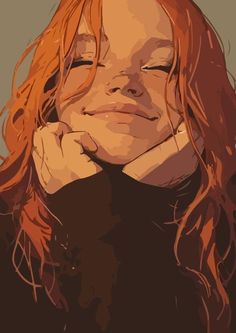 a digital painting of a woman with long red hair and her chin resting on her hand