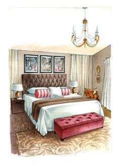 a watercolor painting of a bedroom with a bed, chandelier and pictures on the wall