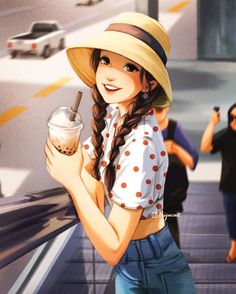 a painting of a woman with a straw hat holding an ice cream sundae in her hand