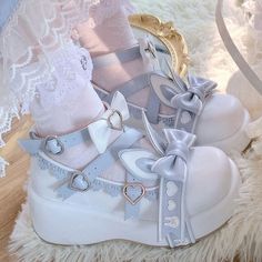 Cute Blue Shoes, White And Blue Shoes, Pastel Shoes, Bow High Heels, Pink Platforms, Clueless Outfits, Kawaii Shoes, Blue Heels, Rabbit Ears