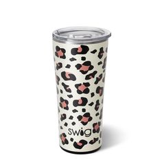 a white and black leopard print tumbler cup with the word swg on it