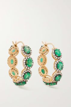 Mini Rajasthan 18-karat gold, emerald and diamond hoop earrings Luxury Gemstone Hoop Earrings, Designer Yellow Gold Small Hoop Jewelry, Designer Small Hoop Yellow Gold Jewelry, Luxury Gold Gemstone Hoop Earrings, Luxury Gold Hoop Earrings With Gemstone, Designer Yellow Gold Hoop Jewelry, Luxury Chandbali Earrings, Designer Hoop Jewelry For Anniversary, Jaipuri Jewellery