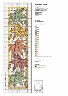 a cross stitch bookmark with leaves on it and the pattern in red, green, yellow