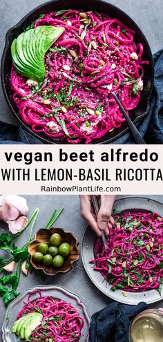 a bowl filled with beet, carrots and avocado on top of a table