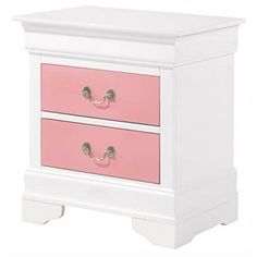 a pink and white nightstand with two drawers on it's sides, against a white background