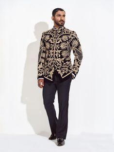 Men's Black Velvet Embroidered Sherwani Jacket – Ornate Gold Floral Embroidery, Designer Formal Wear for Weddings & Special Events by TheMagnusAtelier on Etsy Velvet Sherwani, Sherwani Jacket, Embroidered Sherwani, Weddings Receptions, Wedding Suits Men, Gold Embroidery, Collar Designs, Formal Looks, Gold Floral