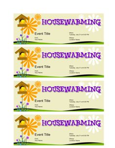 three tickets with the words housewarming in purple and yellow flowers on each ticket