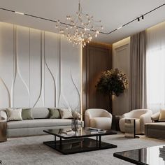 a living room with couches, chairs and a chandelier