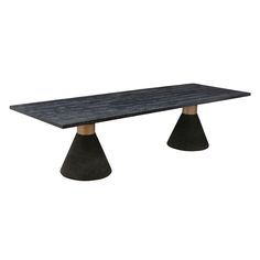 a black table with two wooden legs and an oval shaped design on the top, in front of a white background