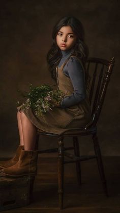 a woman sitting in a chair holding a plant