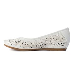 Slip into your next go-to flat with the Baretraps Mariah. This sweet floral flat features a hidden wedge with a cloud-like Memory Foam insole so that every step is taken in comfort. The Mariah's soft, perforated upper will pair perfectly with your favorite pair of skinnies or a sundress! Synthetic upper, Slip-on entry, Approx. 1 inch hidden wedge heel, Round toe, Cushioned Memory Foam insole for all day comfort, Lightweight and flexible TPR outsole, Decorative floral perforations for style and b Trendy Flats, Floral Flats, Shoe Carnival, Sweet Floral, White Flats, Womens Flats, Wedge Heels, Wardrobe Staples, Sundress