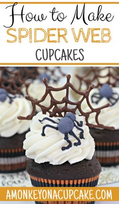 spider web cupcakes with chocolate frosting and sprinkles on top