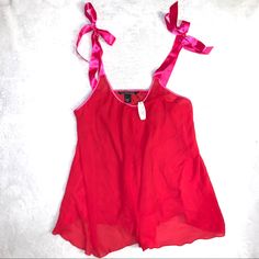 New Sheer Ribbon Self Tie Straps Red Party Sleepwear With Built-in Bra, Red Summer Sleepwear For Loungewear, Red Summer Sleepwear For Bedtime, Red Summer Loungewear Sleepwear, Red Summer Sleepwear, Red Tops For Summer Loungewear, Red Summer Loungewear Tops, Red Sleeveless Party Sleepwear, Red Fitted Camisole Sleepwear