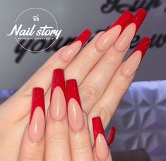 French Coffin Nail Ideas, Red Coffin Nail Designs, Nail Cam, Coffin Nail Ideas, French Coffin, Tip Nail Designs, Red Coffin, Fly Nails, Poppin Nails