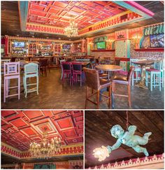 the inside of a restaurant with tables, chairs and chandeliers