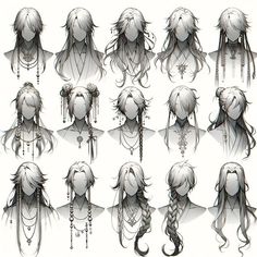 an anime character's head with long hair and various hairstyles, all in different