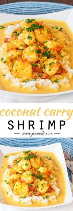 two plates filled with shrimp and coconut curry