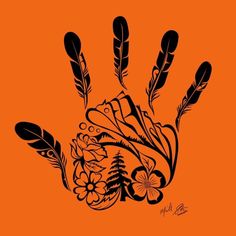 a hand with feathers and flowers on an orange background