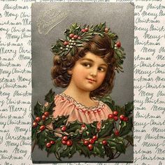 Wonderful 1912 "Merry Christmas" postcard features a beautiful girl bedecked with holly. The rich colors are contrasted against a metallic silver background and gold line art highlights.  The chromolitho card has detailed embossings that highlight her hair and the holly and berries. The card is an antique and would be a great addition to your collection of postcards or vintage Christmas  decorations.  Printed in Germany.  You will receive the 3 1/2 inch x 5 1/2 inch antique postcard by mail. Holly Crown, Holly Christmas, Vintage Christmas Images, Antique Images, Vintage Card, Old Fashioned Christmas, Antique Christmas, Christmas Past, Holiday Postcards