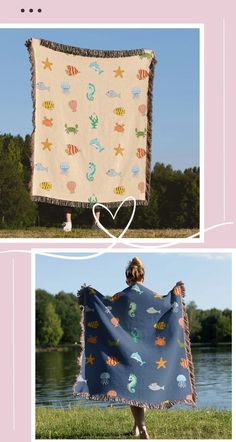 two pictures showing the same blanket with different designs on it, and one has an image of