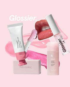 such a fun graphic design project! I created this mockup for some of my favorite pink glossier products 🌸💕🎀 Graphic Design Products Branding, Social Media Product Photography, Make Up Graphic Design, Makeup Social Media Design, Beauty Design Graphic, Glossier Poster, Beauty Ads Design, Makeup Graphic Design