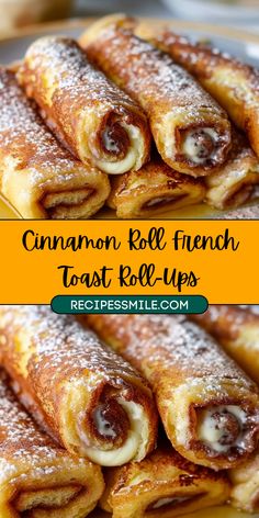 cinnamon roll french toast rolls are stacked on top of each other and ready to be eaten