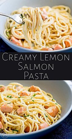 creamy lemon salmon pasta in a white bowl