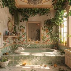 a bath room with a large jacuzzi tub surrounded by greenery