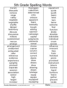 the 5th grade spelling worksheet is shown with words and numbers in each column