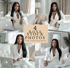 four photos of a woman sitting on a couch with her laptop in front of her