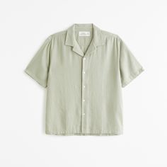 Comfortable short-sleeve button-up shirt in our lightweight and breathable linen-blend fabric, featuring a relaxed-fit silhouette, resort-style camp collar and straight hem. Men's Tops, Resort Style, Short Sleeve Button Up, Embroidered Shirt, Abercrombie Fitch, Linen Blend, Light Green, Button Up Shirts, Button Up