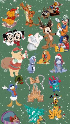 mickey mouse christmas wallpaper with many cartoon characters on the green background and snowflakes