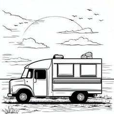 a drawing of an rv parked on the beach with clouds in the sky above it