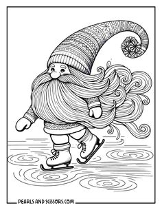 a black and white drawing of a santa clause skating on the water with his long beard