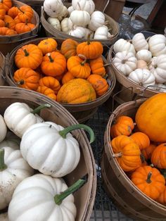 several baskets filled with white and orange pumpkins