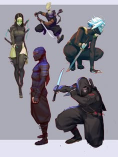 the concept art for an upcoming video game is shown in several different poses and colors