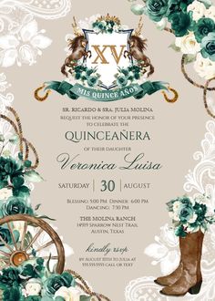 an elegant wedding card with flowers and boots on the front, surrounded by greenery