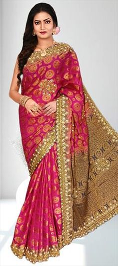 Pink and Majenta color Saree in Kanjeevaram Silk fabric with Embroidered work Designer Brocade Saree With Resham Embroidery, Festival Motifs Saree For Reception, Designer Pink Brocade Saree, Pink Brocade Saree For Designer Wear, Pink Brocade Saree For Reception, Reception Banarasi Silk Saree With Motifs, Banarasi Silk Saree With Motifs For Reception, Pink Tussar Silk Saree For Reception, Brocade Saree With Motifs For Reception