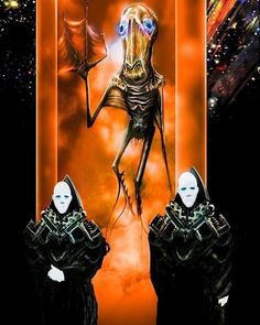 two aliens standing in front of an orange background