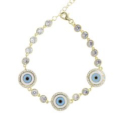 Like a sweet guardian angel for your wrist, this sparkle-starred evil eye bracelet is ready to work overtime to keep good vibes flowing your way! A chain of sky blue nazars, each lined in bright gold and crowned with a heavenly halo of gems, is kept company by brilliant crystals for an extra dose of illumination. Charming, effortlessly graceful, and a constant companion for your everyday adventures. 14k gold plated sterling silver Clear crystals 6-7" Adjustable in length Gold Plated Evil Eye Jewelry, Spiritual Gold Plated Evil Eye Jewelry, Spiritual Round Jewelry With Evil Eye Detail, Spiritual Round Evil Eye Jewelry, Adjustable Evil Eye Jewelry In Cubic Zirconia, Gold Cubic Zirconia Jewelry With Evil Eye, Gold Cubic Zirconia Jewelry With Evil Eye Detail, Evil Eye Cubic Zirconia Bracelet, Spiritual Adjustable Halo Jewelry