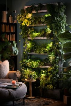 a living room filled with lots of plants and greenery next to a wall mounted planter