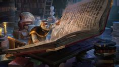 an animated character reading a book in a library