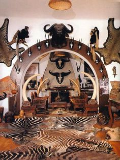 a living room filled with lots of animal skin