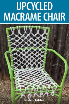 an upcycled macrame chair with text overlay