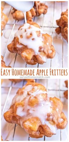 homemade apple fritters with icing on top