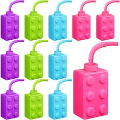 a set of six lego water bottles with straws attached to the top, all in different colors