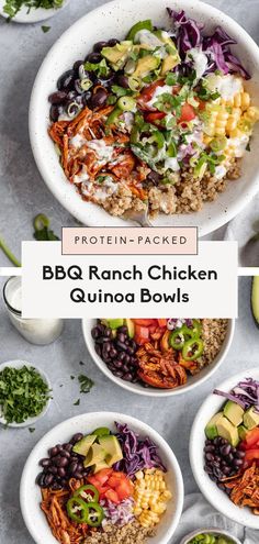 bowls filled with different types of food and the words bbq ranch chicken quinoa bowls