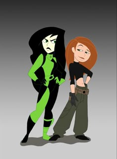 two cartoon characters standing next to each other in front of a gray background, one with red hair and the other green