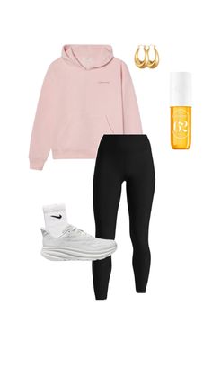 a pink hoodie, black leggings and white sneakers are featured in this image